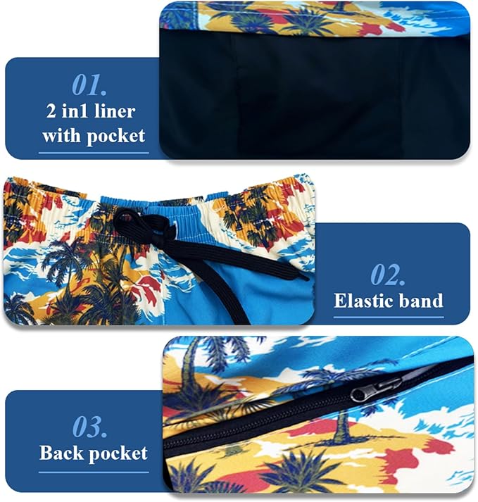 Mens Swim Trunks with Compression Liner Quick Dry Zipper Pocket Bathing