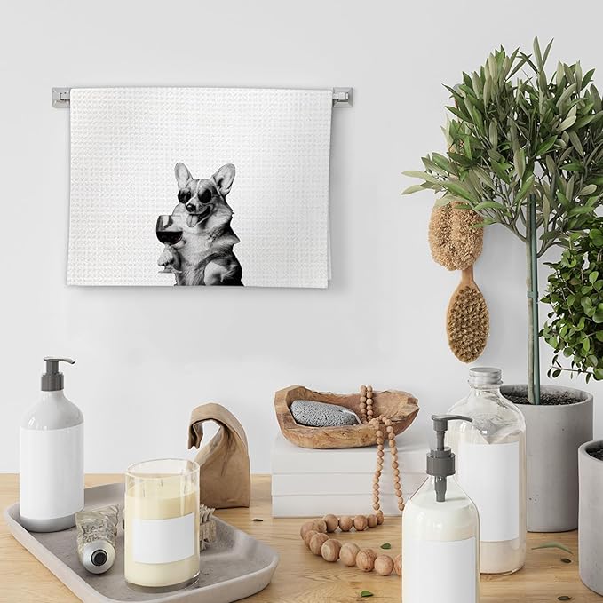 Corgi Gifts Wine Dog Kitchen Towels, Corgi Gifts for CorgiLovers Wine Lovers Decorative Hand Dish Towel for Kitchen Home Bar, Funny CorgiDog WineLover Home Bar Kitchens Decor(16x24Inch)