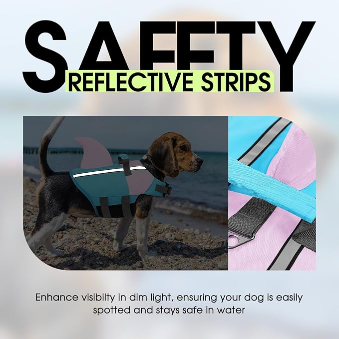 SUNFURA Dog Life Jacket Shark Life Vest for Dogs, Adjustable Swmming Vest with High Buoyancy, Safety Lifesaver with Rescue Handle for French Bulldog Small Medium Breeds, BluePink L