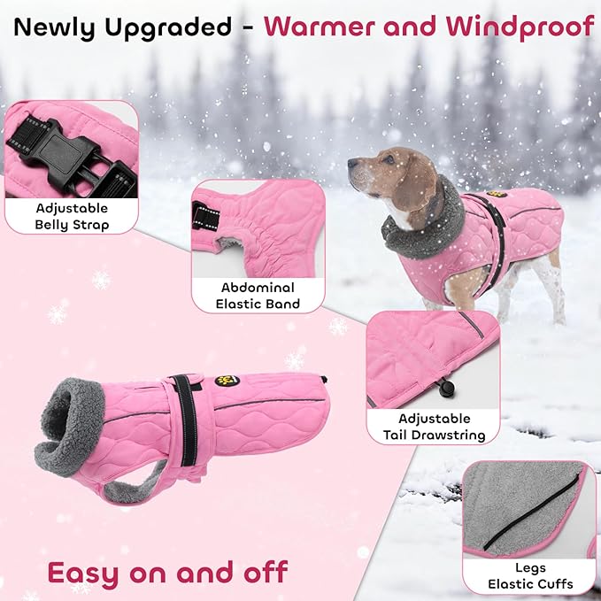 Dog Winter Coat, Adjustable Quilted Dog Snow Jacket with Fleece Lining, Water Resistant Pet Apparel for Cold Weather, Warm Large Doggie Coat with Leash Hole and Reflective Strip, NewPink L