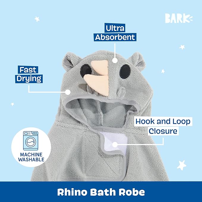 Barkbox Dog Bathrobe Fast Drying with Hook and Loop Closure & Wrap Tie Snuggle, Cute Dogs Clothes, Easy to Clean, Machine Washable, Dog Coats and Tumble Dry Low - Rhino, Medium