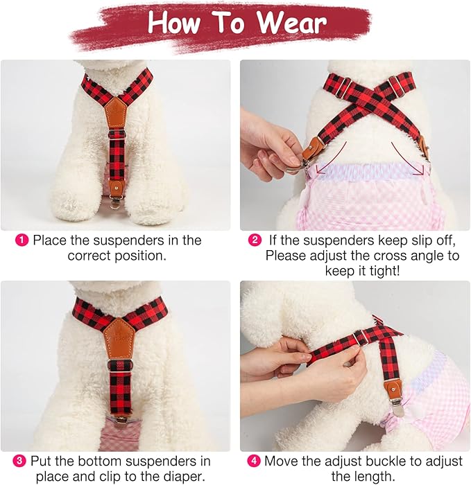 Pet Soft Dog Suspenders 2 Pieces Female Dog Diaper Suspenders for Dogs Diaper Keeper Suspender for Dogs Skirt, Dress, Diapers (Plaid, XS/S)
