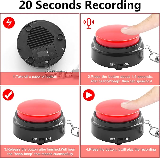 Recordable Talking Button with Keychain, 20s Voice Recording Time Sound Button Answer Buzzers Funny Buttons Record Your Own Words Also Used for Dog Training - Red and Black (Battery Included)