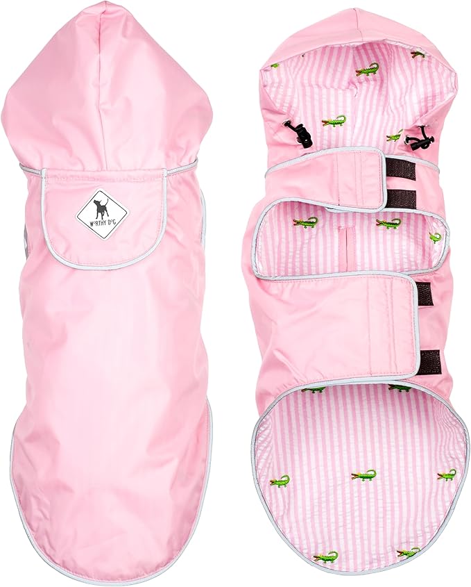 THE WORTHY DOG Seattle Slicker Dog Rain Jacket – Lightweight Water-Resistant Coat with Reflective Trim, Adjustable Fit, Hood Drawcord & Covered Harness Hole -Pink, X-Large