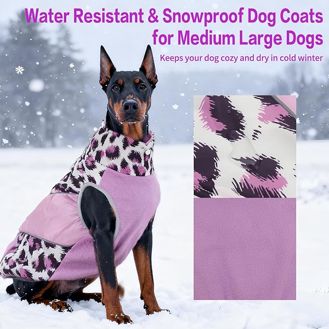 Dog Coats for Medium Dogs with Harness Built in, Waterproof Dog Jacket Warm Pet Winter Coat Snowsuit for Cold Weather, Reflective Fleece Windproof Jacket, Purple, U-LDMF05L