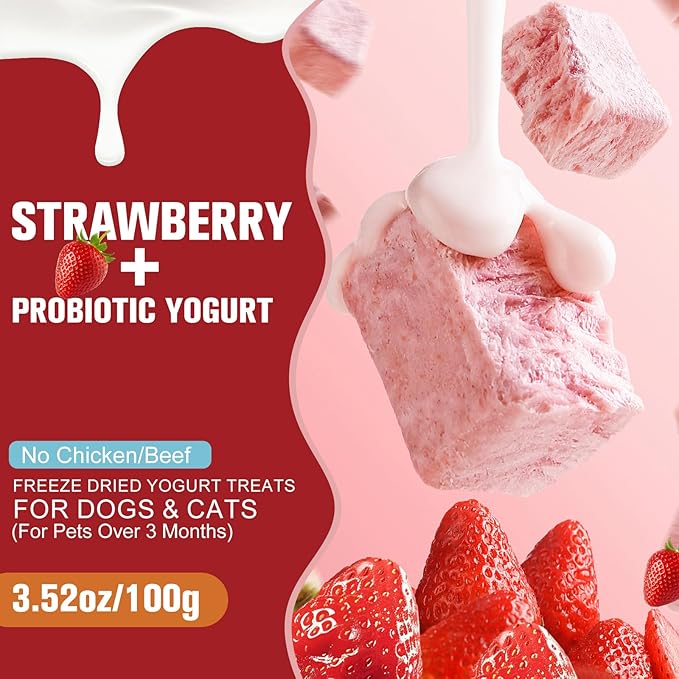 Freeze Dried Yogurt Dog Cats Treats Crunchy Snacks with Strawberry100g (3.52oz), High Protein Yogurts Snacks Pets Food for Cats Dogs Training (Blueberry Yogurt 3pcs)