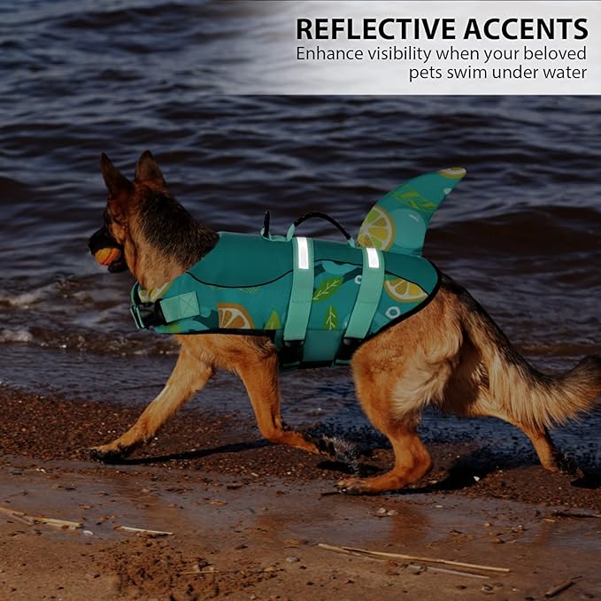 Queenmore Dog Life Jacket With Rescue Handle - Swimming Vest, Shark-Themed, Adjustable Reflective Preserver for Small Dogs, Green Print XS