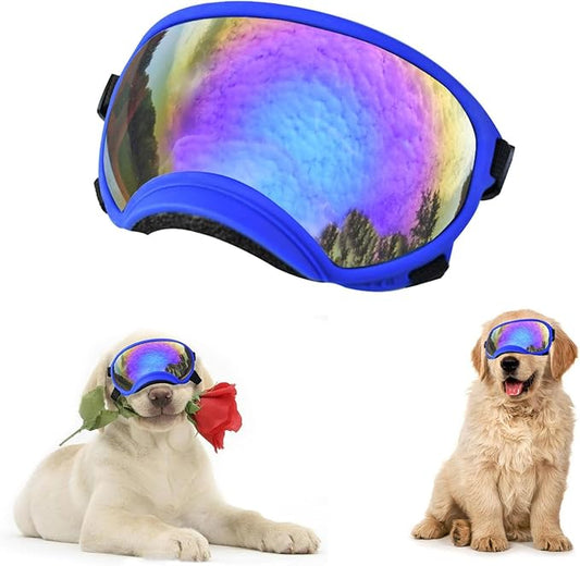 Soft Samll Dog Sunglasses Dog Goggles for Large Breed UV/Wind/Dust Protection Winproof Dog Puppy Sunglasses Pet Glasses Eye Wear with Adjustable Strap (Bule Frame & Bule Lens/Large)