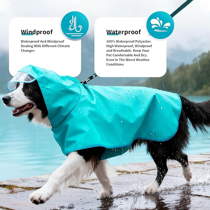 Dog Raincoat, Waterproof Windproof Dog Rain Jacket with Hood, Rain Coat with Leash Hole, Adjustable Raincoat Poncho for Small Medium Large Dogs Outdoor (Blue, L)