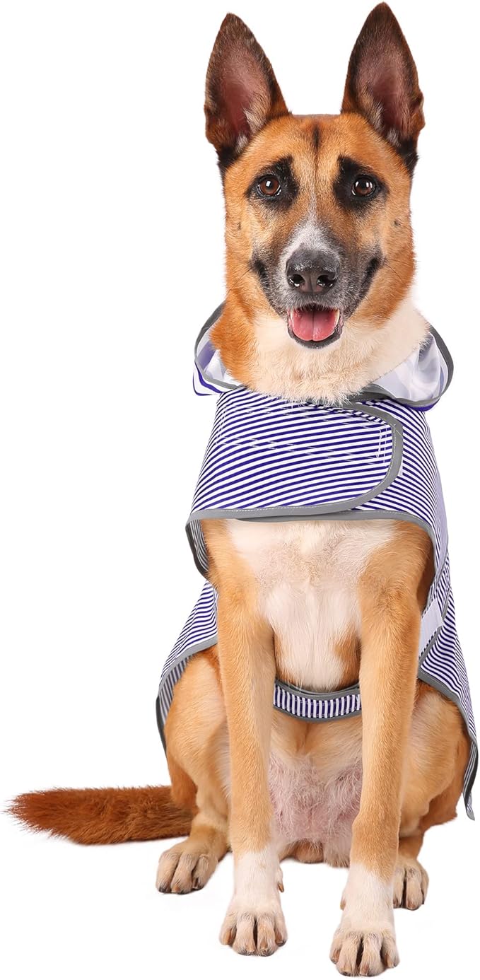 Dog Raincoat for Large Dogs Puppies Waterproof Jacket Hooded Rain Coats with Reflective Strips Leash Hole & Poncho Adjustable Fit (Bluestripe,XXL)