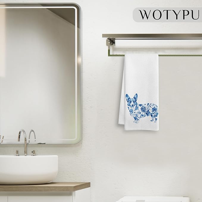 Blue and White Chinoiserie Corgi Kitchen Towels, Corgi Gifts for Women Mom Dish Tea Towels, Dog Lover Gifts Decorative Hand Towel for Bathroom, 16x24 Inch