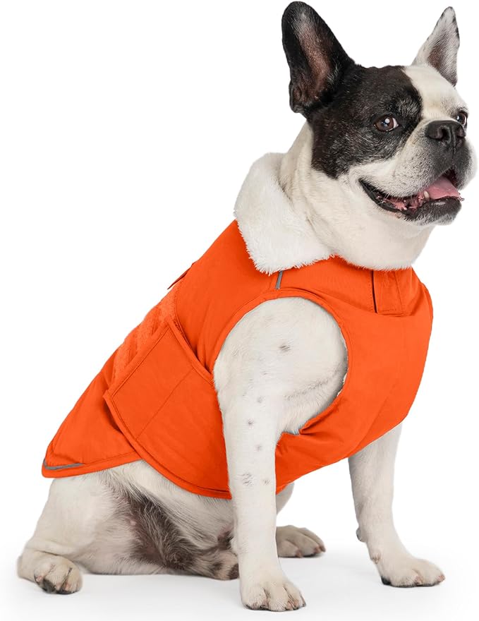 Mklhgty Extra Warm Dog Coat, Waterproof Dog Winter Jacket with Leash Portal, Fleece Reflective Pet Snow Vest for Small Medium Large Dogs - Orange - L
