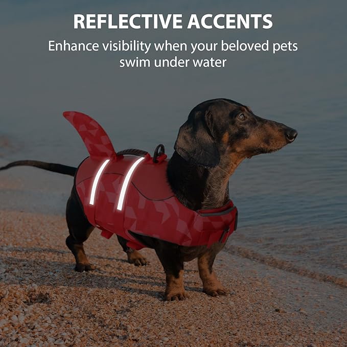 Queenmore Shark Dog Life Jacket, LifeVests for Boating, High Buoyant Dog Life Vest for Swimming, Adjustable Easy On Pet Jackets for Small, Medium, Large Dogs (Red Triangle,XXL)