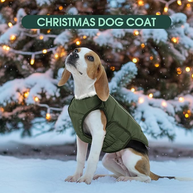 Kuoser Dog Puffer Jacket Warm Dog Coat for Large Dogs, Windproof Reflective Pet Padded Vest Cold Weather Clothes Puppy Snowsuit with Hook & Loop Coats, Easy On/Off, Green XL