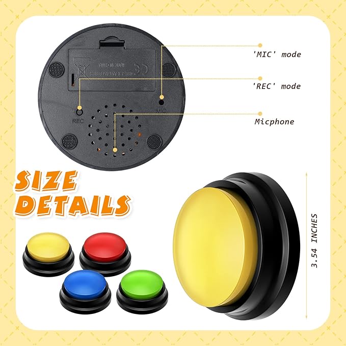Voice Recording Button for Communication - Recordable Talking Buttons Set for Dog Cats Pet Training - 30 Second Record and Playback Buzzer 4 Packs (Classic Color)