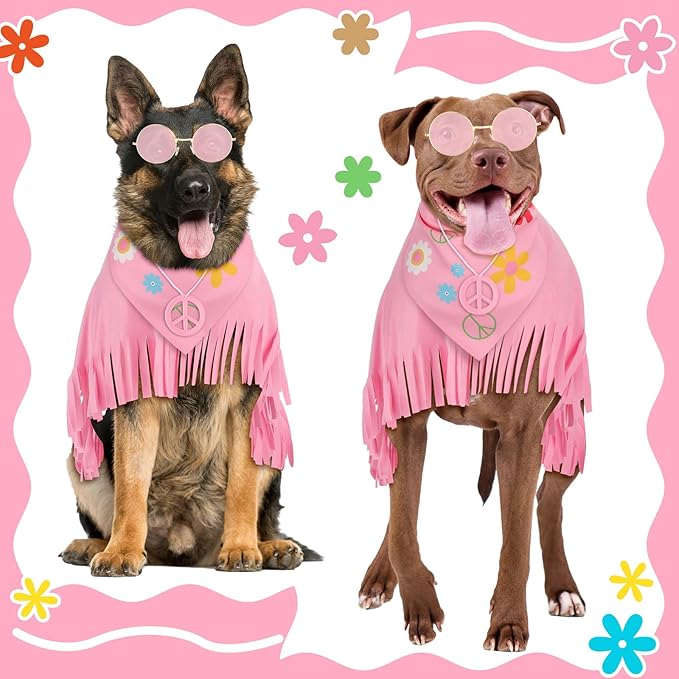 4 Pcs Hippie Dog Costume Pet Dog Hippie Costume Set Includes Sunglasses Scarf Cloak Necklace(Pink Style,Large)