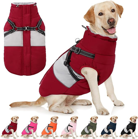 AOFITEE Dog Coat, Dog Christmas Sweater, Dogs Winter Coat with Harness Built in, Reflective Waterproof Pet Jacket with Furry Collar, Pet Snow Suit for Large Dogs, Doberman, Great Dane, XXL