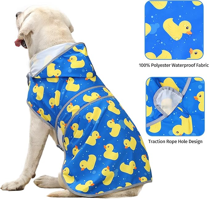 Dog Raincoat for Large Dogs Waterproof Jacket Hooded Rain Coats with Reflective Strips Leash Hole & Poncho Adjustable Fit (ShinyDuck,XL)