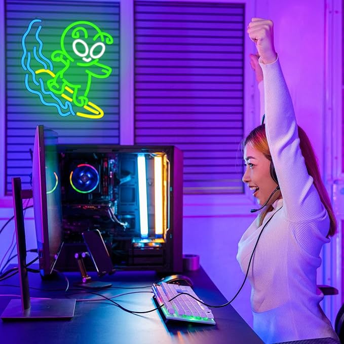 Alien Surfing Neon Sign for Wall Decor, Dimmable Green Alien Neon Light,USB Powered Alien Led Light Up Sign for Man Cave Bedroom Game Room Bar Pub Party Home Decor