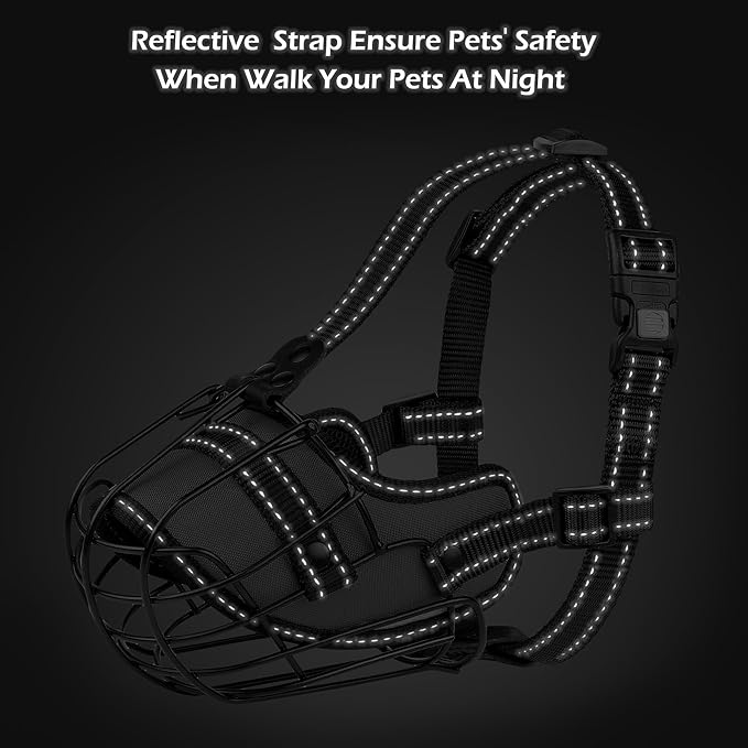 OOPSDOGGY Pitbull Dog Muzzle Reflective Metal Mask Secure Wire Basket Muzzles for Large Sized Dogs Amstaff Soft Cage to Prevent Biting Chewing with Adjustable Nylon Straps (Black, Pitbull)