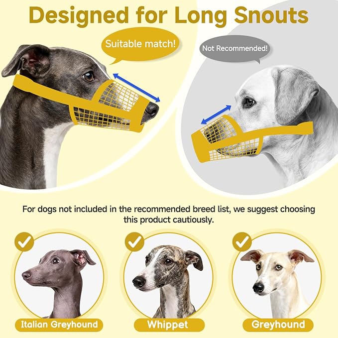 Mayerzon Greyhound Whippet Dog Muzzle, Soft Mesh Muzzle for Long Nose Dogs to Prevent Excessive Biting Chewing Eating, Suitable for Grooming Walking Vet Visits, Allowing Drinking Breathing (Black, S)