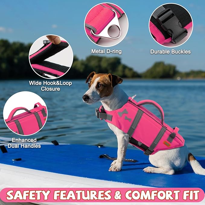 EMUST Dog Life Vests, Adjustable XS Dog Life Jacket with Rescue Handle, Puppy Flotation Vest for Small/Medium/Large Dogs, BrightPink, XS
