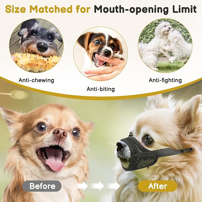 Mayerzon Mesh Muzzle for Short Snout and Small Dogs Anti-Biting, Focus on Brachycephalic Dogs like Chihuahua Yorkshire Maltese, Breathable Fabric, Opening Front, Allow Panting, for Grooming Vet Visits