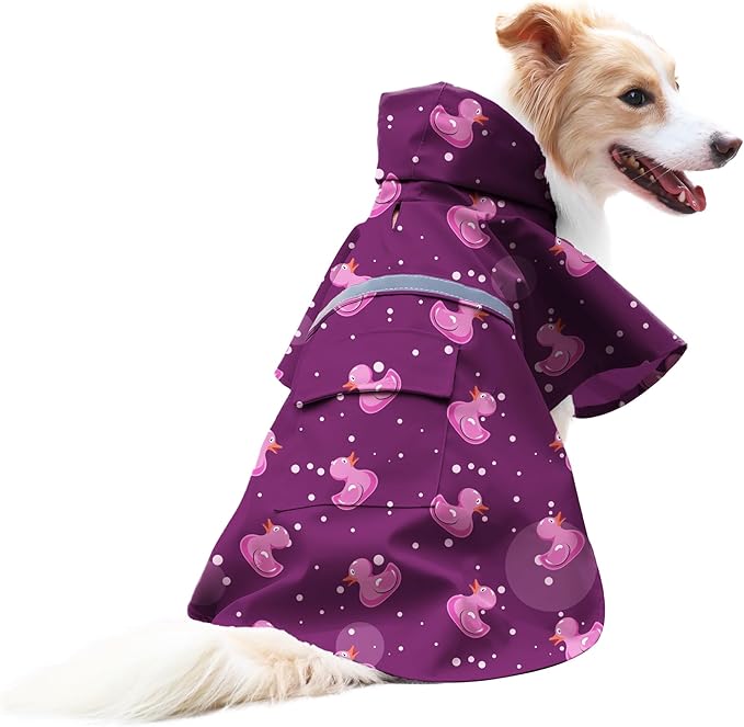 DELIFUR Large Dog Raincoat - Waterproof Dog Rain Poncho Adjustable Double Layer Rain Jacket with Hood for Medium Large Dogs Designed with Leash Hole Reflective Strip(Purple Duck, Medium)