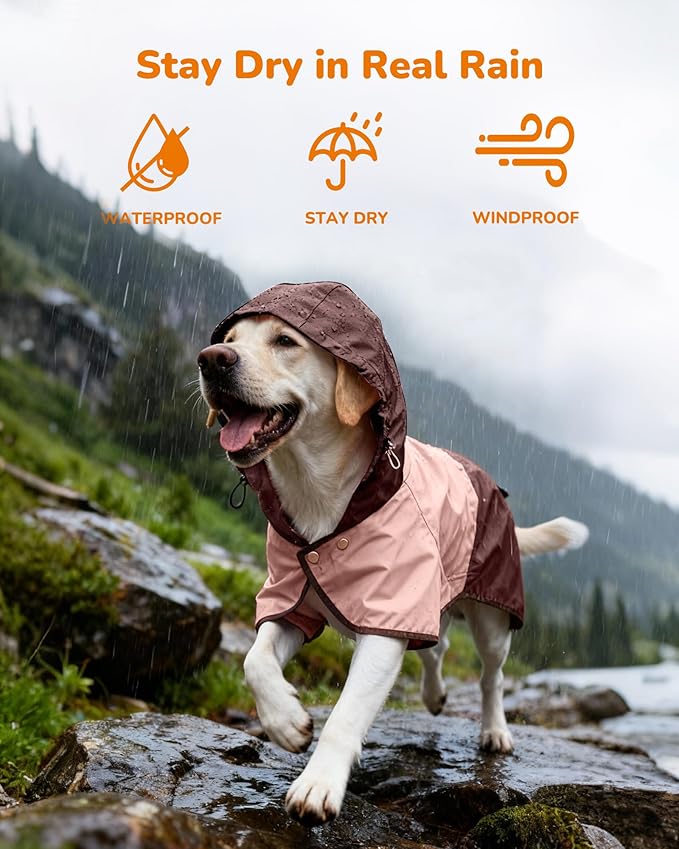 Waterproof Dog Raincoat with Hood, Extended Coverage Rain Jacket for Samll Dogs, Wind-Resistant Secure Fit with Leg Straps, Reflective, Leash Hole, Easy Hook & Loop Fastener On/Off, Pink, S