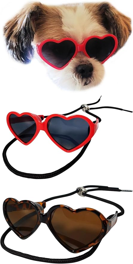 G016 Dog Cat Pet Puppy Heart Sunglasses Glasses for Small Breed up to 15lbs (2-Pack Heart Red + Heart Trotoise Brown)