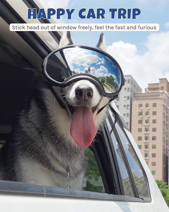 Large Dog Sunglasses, Dog Goggles Large Breed and Medium, UV Protection, Windproof, Dustproof and Snowproof. Shatterproof Lens, Adjustable Strap