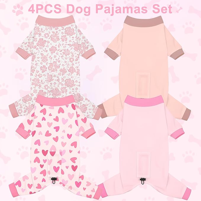 Bienbee Dog Pajamas, 4 Pack Dog Recovery Suit Shedding Suit Cute Soft Puppy Clothes Dogs Pjs Onesies Jammies Adjustable Breathable & Stretchy Clothes for Small Medium Large Dogs Girl Boy Puppy-XS