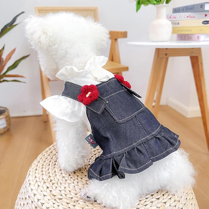 ANIAC Denim Small Puppy Dress 3D Flowers Girl Dog Clothes with D-Ring and Pocket Female Cat Harness Dresses Cute Shih Tzu Yorkies Chihuahua Outfits Summer Pet Clothing (Large)
