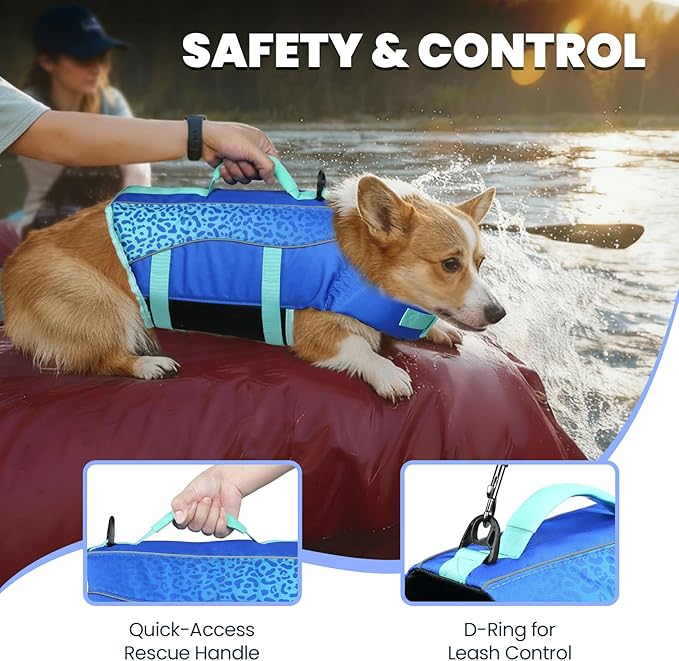 VIVAGLORY Front Float Dog Life Vest, Dog Life Jacket for Swimming & Boating, Swimming Vest with Chin Float & Handle, Ripstop & Buoyancy for Puppy Doggy, S, Dark Blue