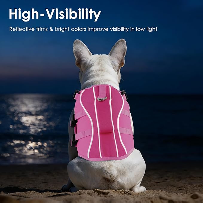 Dog Life Jacket, High Buoyancy Dog Life Vest with Handle for Swimming Boating, Adjustable Swimming Vest with Reflective Trim for Small Medium Large Dogs - Pink, XL