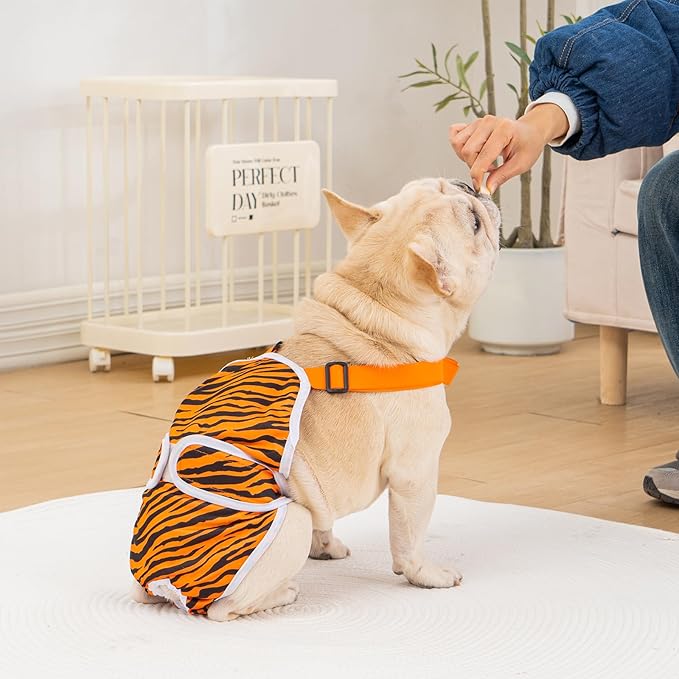 Avont 3 Pack Frenchie Dog Diapers Female, Washable Reusable Girl Doggie Pants for Period Heat Cycle, Full Body Cover Onesie with Adjustable Straps -Tiger/Cow/Leopard L