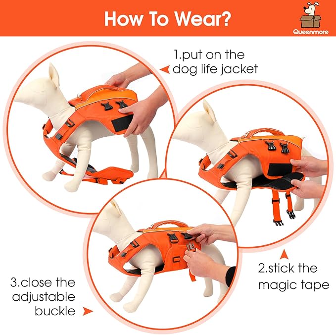 Queenmore Dog Life Jacket,Pet Life Vest for Swimming,Adjustable Reflective Pet Swimming Vest,High Buoyancy Dog Life Jacket,Pet Life Preserver(Orange,L)