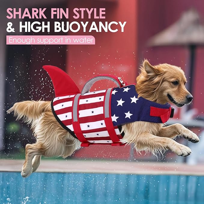 AOFITEE Dog Life Jacket, Dog Life Vest for Swimming, Shark Dogs Swimming Vest with Rescue Handle and Reflective Stripe, Ripstop Pet Float Coat Swimsuit Lifesaver Small Medium Large Dogs Blue XL