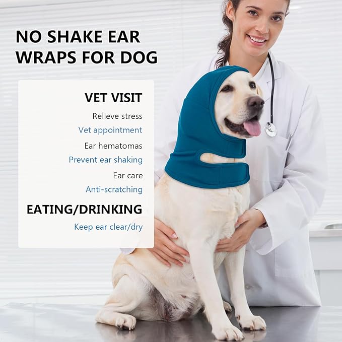 NACOCO Dog Calming Hoodie - Adjustable No Shake Dog Ear Covers Pet Head Ear Wrap Muffs Noise for Grooming Bath Fireworks(Dark Blue, L)