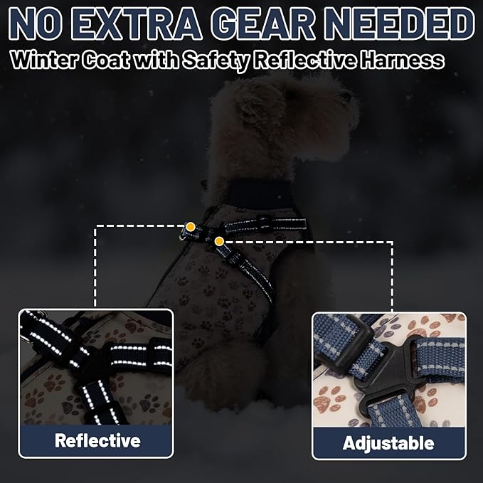 Dog Winter Coat for Small & Medium Dogs, Waterproof Dog Coat with Harness, Puppies Windproof Puppy Puffer Jacket, Snowsuit for Dachshund, Frenchie, Corgi (Paw Blue,2XL)