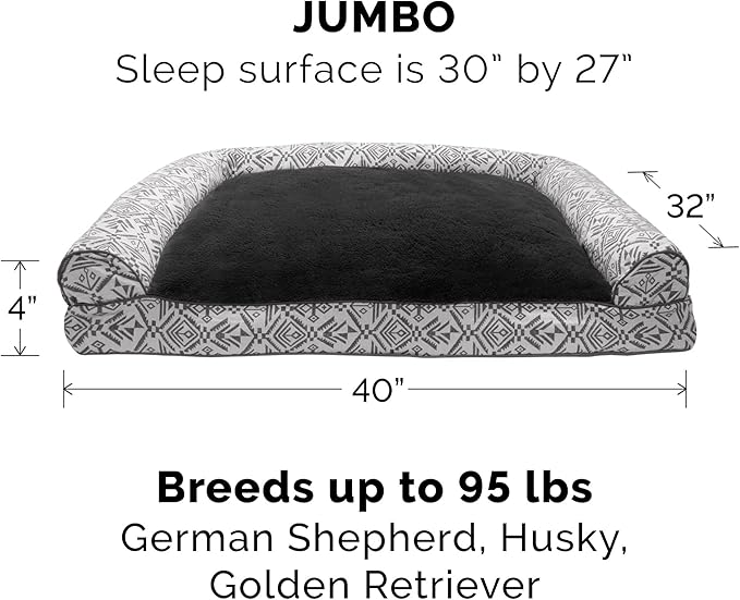 Furhaven Pillow Dog Bed for Large Dogs w/ Removable Bolsters & Washable Cover - Plush & Southwest Kilim Woven Decor Sofa - Boulder Gray, Jumbo/XL