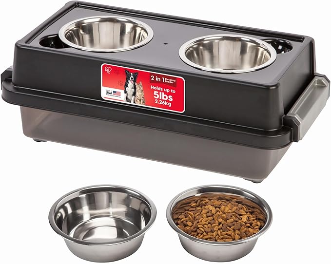 IRIS USA 2-in-1 Elevated Dog Bowls 6" H with Airtight Pet Food Storage Container Holds Up to 5 Lbs, Removable 4 Thick 16 oz Stainless Steel Bowls, at Home or Camping Pet Dish Bowl Set, Smoke/Black