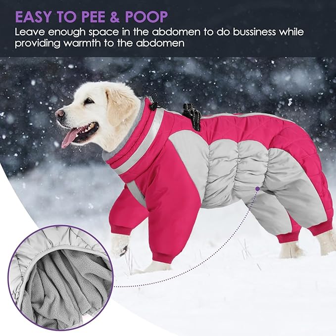 SUNFURA Full Body Dog Coat - Warm Fleece Jacket for Large Dogs, Turtleneck Winter Coats with Harness, Reflective Windproof Dog Snowsuit with Legs for Labrador,Golden Retriever, Hot Pink 2XL