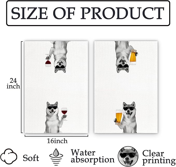 Shiba Inu Gifts Dog Wine Kitchen Towels Set of 2, Funny Dogs Beer Lover Decorative Hand Dish Towel for Kitchen Home Bar, Gift for Shiba Inu Dog Beer Wine Lovers Home Bar Decor(16x24Inch)