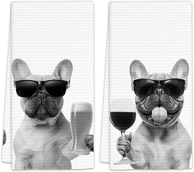 French Bulldog Gifts Wine Kitchen Towels Set of 2, Funny French Bulldog Wine Lover Decorative Hand Dish Towel for Kitchen Home Bar, Gifts for Dog Beer Lovers Home Bar Cart Decor(16x24Inch)