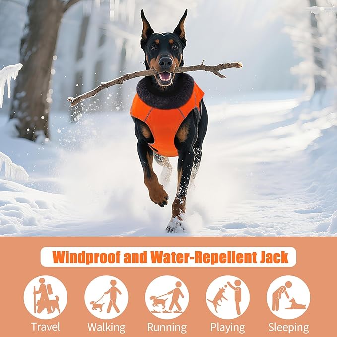 DENTRUN Winter Warm Dog Coat Reflective Jacket with Turtleneck for Cold Weather, Adjustable Buckle Windproof Water Repellent, Thick Snowsuit Fleece Vest for Small, Medium, Large Dogs, Orange, S