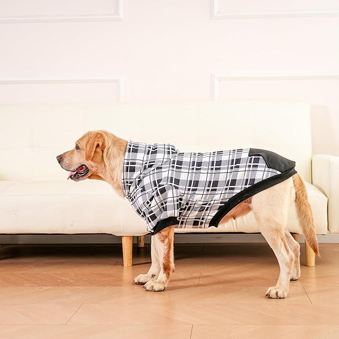 EXPAWLORER Plaid Dog Hoodie - British Style Warm Dog Sweater Shirt with Leash Hole,Pitbull Clothes Outfits,Winter Coat Apparel for All Breeds Puppy Girl Boy-Cat Apparel,Black & White Large