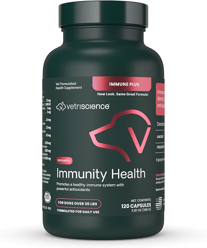 VetriScience Immunity Health Easy-Open Capsules, Immune Plus Supplement for Medium and Large Breed Dogs, Cell Advance Immune and Allergy Support with Antioxidants, Hypoallergenic Formula, 120 Count