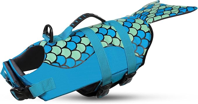 Queenmore Mermaid Dog Life Jacket - Lightweight Dog Swimming Vest, High Buoyant, Blue, XL