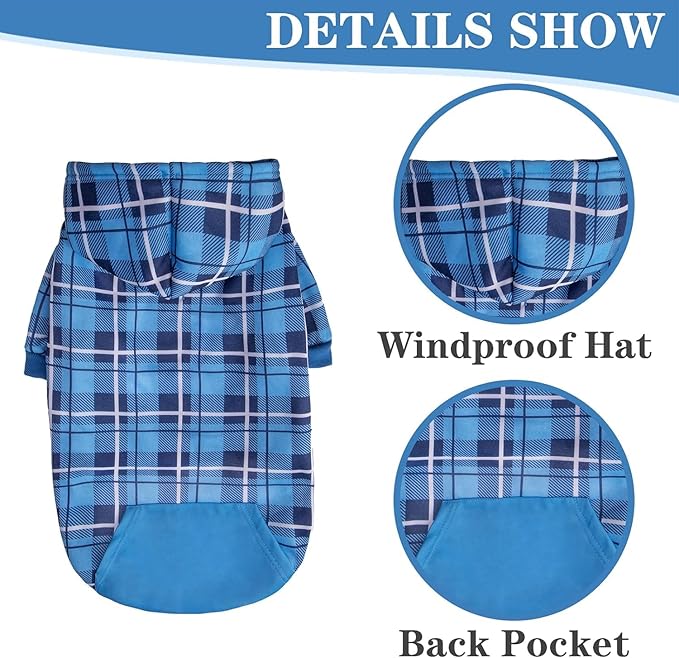 EXPAWLORER Plaid Dog Hoodie - British Style Warm Dog Sweater Shirt with Leash Hole,Pitbull Clothes Outfits,Winter Coat Apparel for All Breeds Puppy Girl Boy-Cat Apparel,Blue Medium